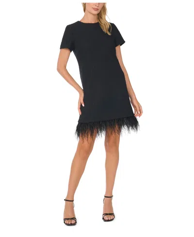 Cece Women's Crewneck Short-sleeve Feather-trim Dress In Black
