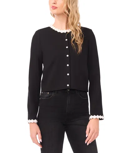 Cece Women's Crochet Floral Trim Detail Crewneck Cardigan In Black