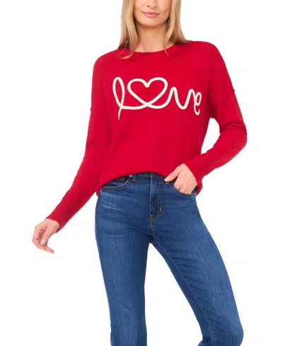 Cece Women's Cursive Love Embroidered Sweater In Red