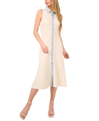 CECE WOMEN'S DENIM-PLACKET SLEEVELESS RIB-KNIT DRESS