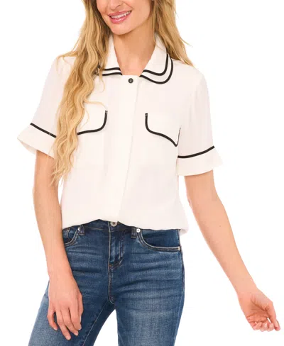 Cece Women's Double Collar Tipped Short Sleeve Blouse In New Ivory