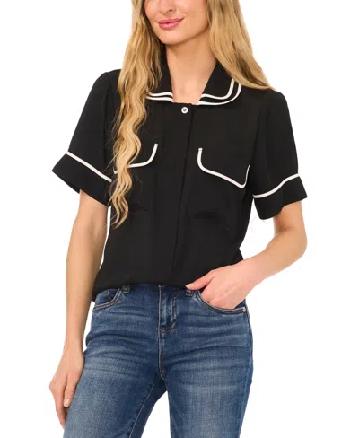 Cece Women's Double Collar Tipped Short Sleeve Blouse In Rich Black