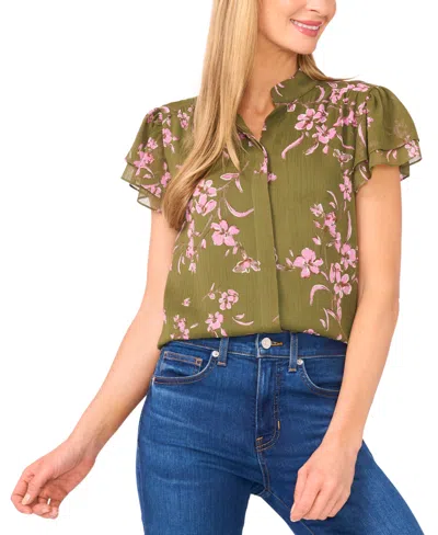 Cece Women's Double Flutter Short Sleeve Hidden Placket Top In Green