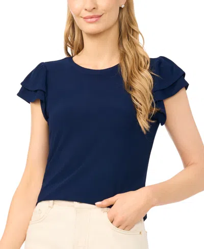 Cece Women's Double Ruffle-sleeve Crewneck Top In Blue