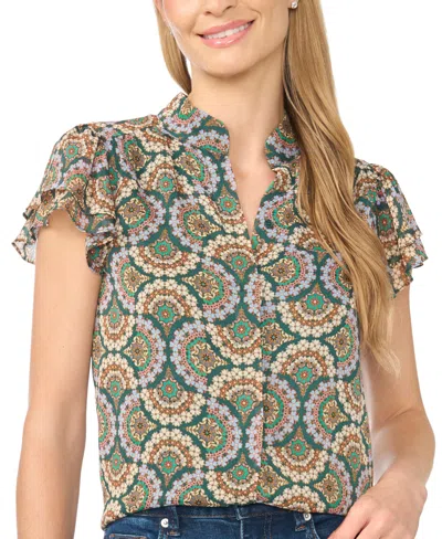 Cece Women's Double-flutter Collared Geometric-print Blouse In Multi