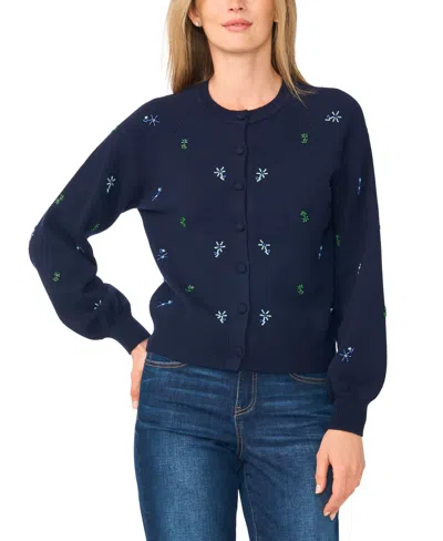 Cece Women's Dupraz Bead-embroidered Crewneck Long-sleeve Cardigan Sweater In Classic Navy