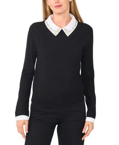 Cece Women's Dupraz Jewel-collar Long-sleeve Sweater In Black