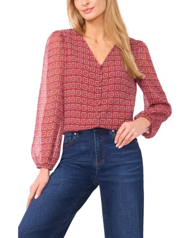 Cece Women's Elastic Cuff V-neck Button Up Top In Red
