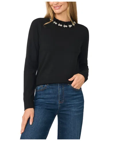 Cece Women's Embellish Ruffle Neck Long Sleeve Sweater In Rich Black