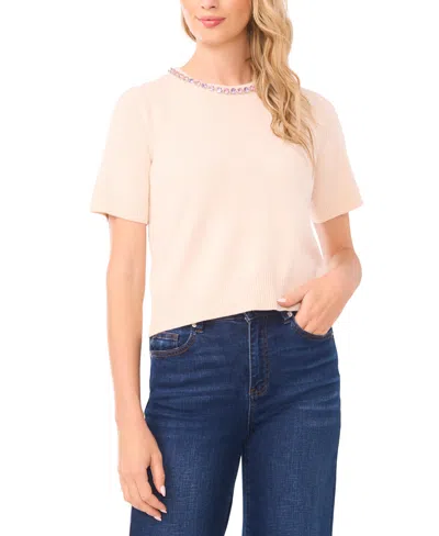 Cece Women's Embellished Detail Crew Neck Sweater In White
