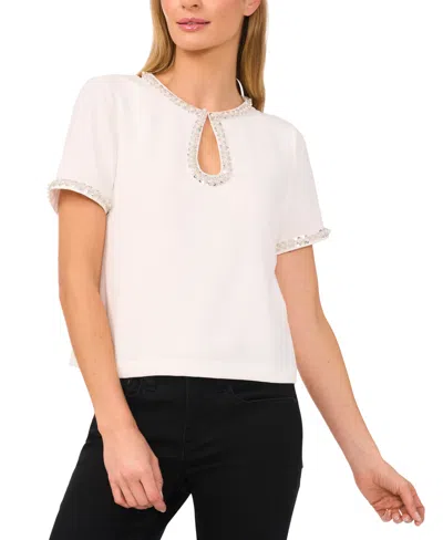 Cece Women's Embellished Keyhole-cutout Short-sleeve Top In New Ivory