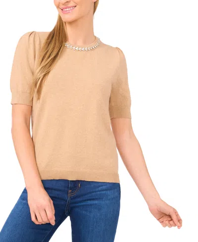 Cece Women's Embellished Neck Trim Short Sleeve Sweater Top In Gold