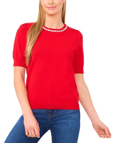 Cece Women's Embellished Neck Trim Short Sleeve Sweater Top In Red