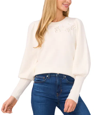 Cece Women's Embellished Puff-sleeve Crewneck Sweater In Antique White