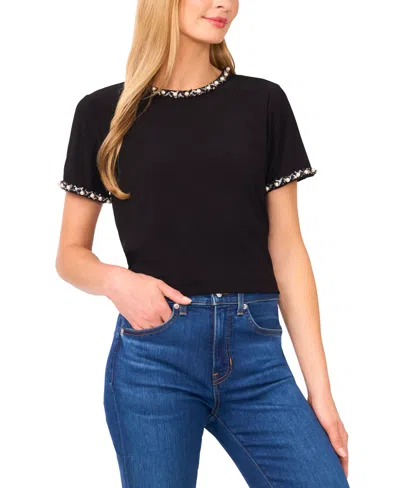 Cece Women's Embellished Short Sleeve Top In Black