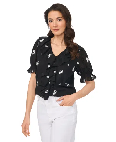 Cece Women's Embroidered Ruffled Short-sleeve Top In Black