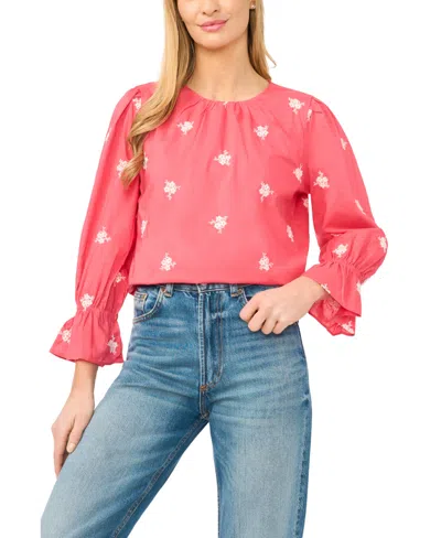 Cece Women's Embroidered Shirred Neck Cotton Blouse In Pink