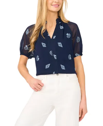 Cece Women's Embroidered Split V-neck Blouse In Blue