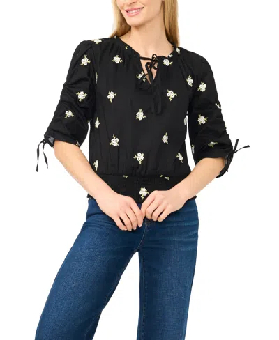 Cece Women's Embroidered Tie-neck Cotton Blouse In Black
