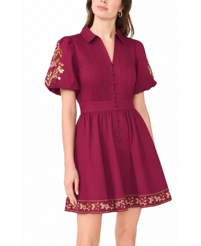 Cece Women's Embroidered-pintuck Puff-sleeve Mini Dress In Purple