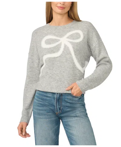 Cece Women's Eyelash Bow Long-sleeve Crewneck Sweater In Light Heather Grey