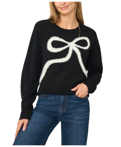 Cece Women's Eyelash Bow Long-sleeve Crewneck Sweater In Rich Black