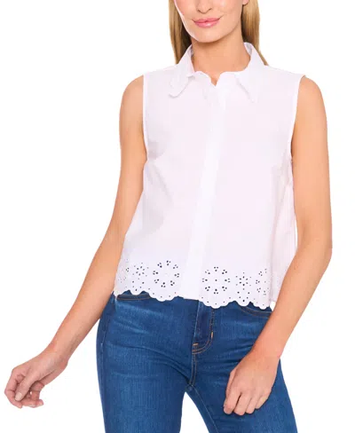 CECE WOMEN'S EYELET EMBROIDERED COTTON SLEEVELESS BLOUSE