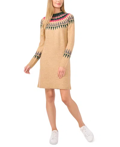 Cece Women's Fair Isle Long-sleeve Sweater Dress In Latte Heather