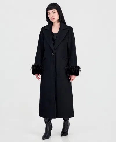Cece Women's Faux-fur And Feather-trim Maxi Coat In Black