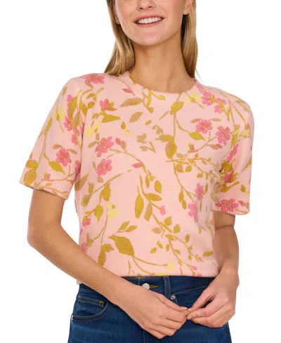 Cece Women's Flora-print Crewneck Short-sleeve Sweater In Blush Pink