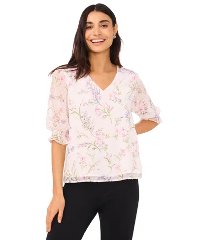Cece Women's Floral 3/4-sleeve Ruffled V-neck Blouse