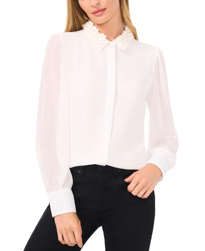 CECE WOMEN'S FLORAL-APPLIQUE COLLARED LONG-SLEEVE BLOUSE