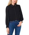 Cece Women's Floral-applique Collared Long-sleeve Blouse In Rich Black