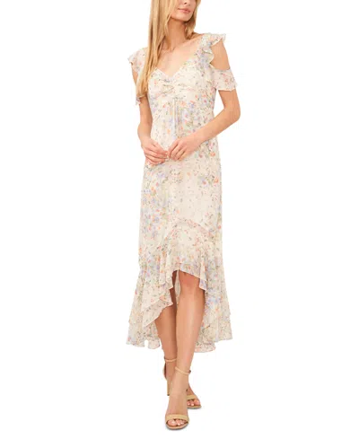 Cece Women's Floral Cold-shoulder Ruffle-hem Midi Dress In Egret