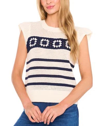 Cece Women's Floral Crocheted Short-sleeve Sweater