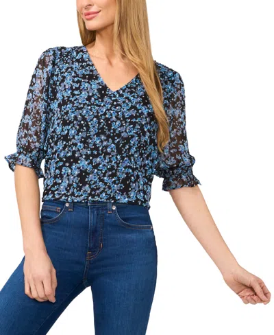 Cece Women's Floral Elbow-sleeve Ruffle V-neck Blouse