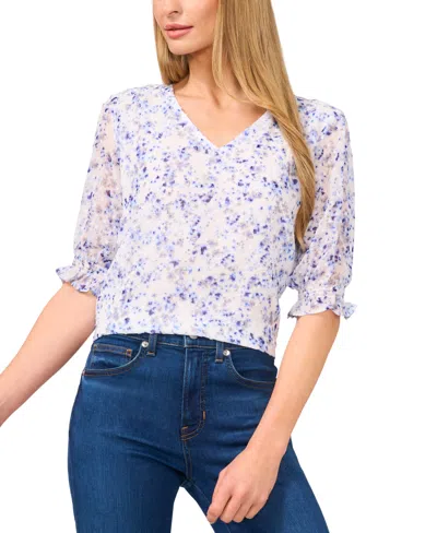 Cece Women's Floral Elbow-sleeve Ruffle V-neck Blouse In Ocean Blue