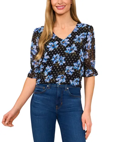 Cece Women's Floral Elbow-sleeve Ruffle V-neck Blouse In Serene Blue