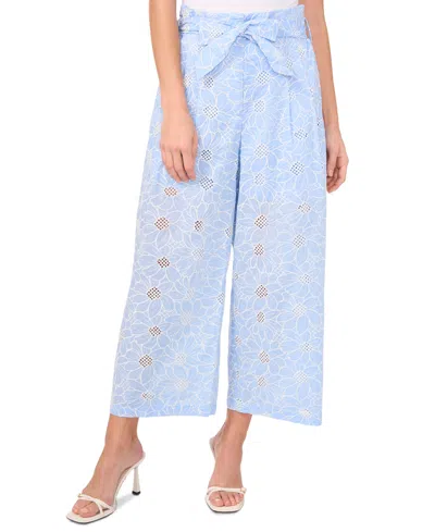 Cece Women's Floral-embroidered Tie-waist Wide-leg Pants In Waterfall