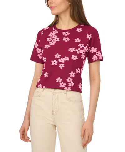 Cece Women's Floral Jacquard Crewneck Short-sleeve Sweater In Burgundy Wine