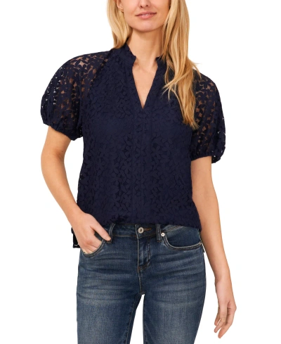 Cece Women's Floral Lace Puff Sleeve Split Neck Top In Classic Navy