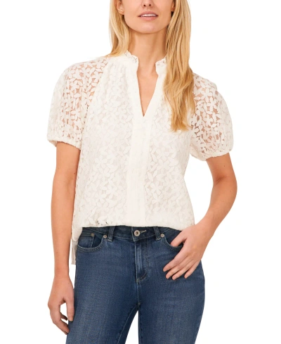 Cece Women's Floral Lace Puff Sleeve Split Neck Top In New Ivory
