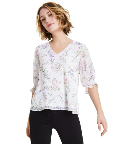 Cece Women's Floral 3/4-sleeve Ruffled V-neck Blouse In New Ivory