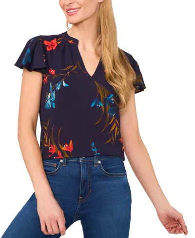 Cece Women's Floral-print Flutter-sleeve Top In Blue