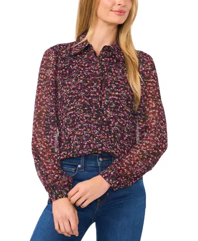 Cece Women's Floral-print Long-sleeve Blouse In Rich Black