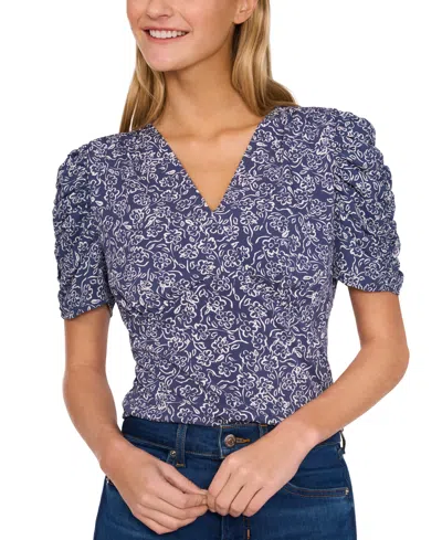 Cece Women's Floral-print Puff-sleeve Blouse In Ocean Blue
