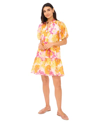 Cece Women's Floral Print Ruffled Neck Baby Doll Tiered Dress In Radiant Yellow