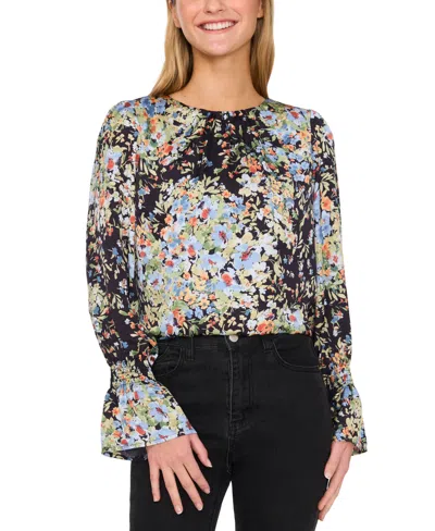 Cece Women's Floral Print Smocked Cuff Blouse In Classic Navy