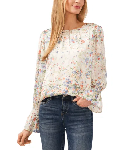 Cece Women's Floral Print Smocked Cuff Blouse In Egret