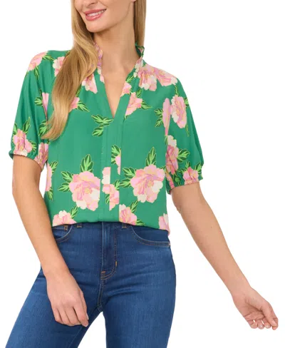 Cece Women's Floral Printed V-neck Blouse In Medium Green